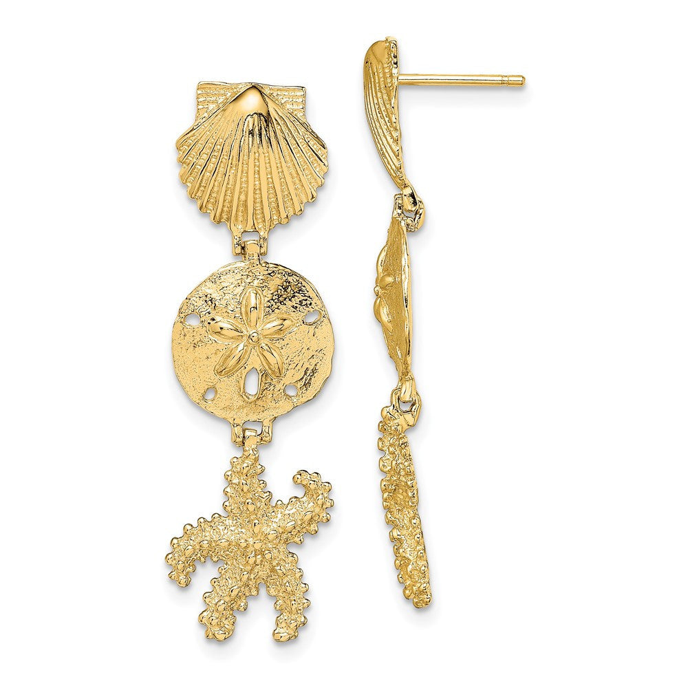 14k Yellow Gold Shell, Sand Dollar ,Starfish Dangle Earrings
