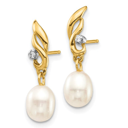 14k Yellow Gold 5-6mm Rice Freshwater Cultured Pearl & Diamond Dangle Earrings