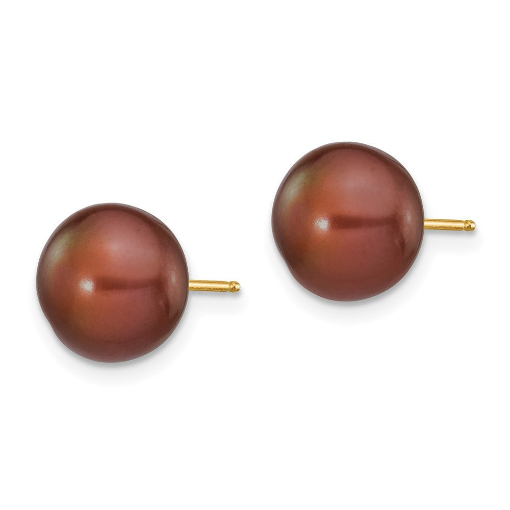 14k Yellow Gold 9-10mm Brown Button Freshwater Cultured Pearl Stud Earrings