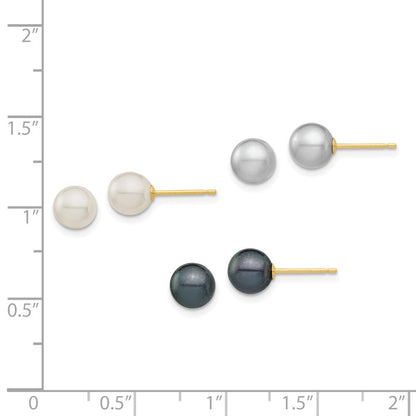 14k Gold White, Grey Black Freshwater Cultured Pearl Stud Earrings 3 Pair Set