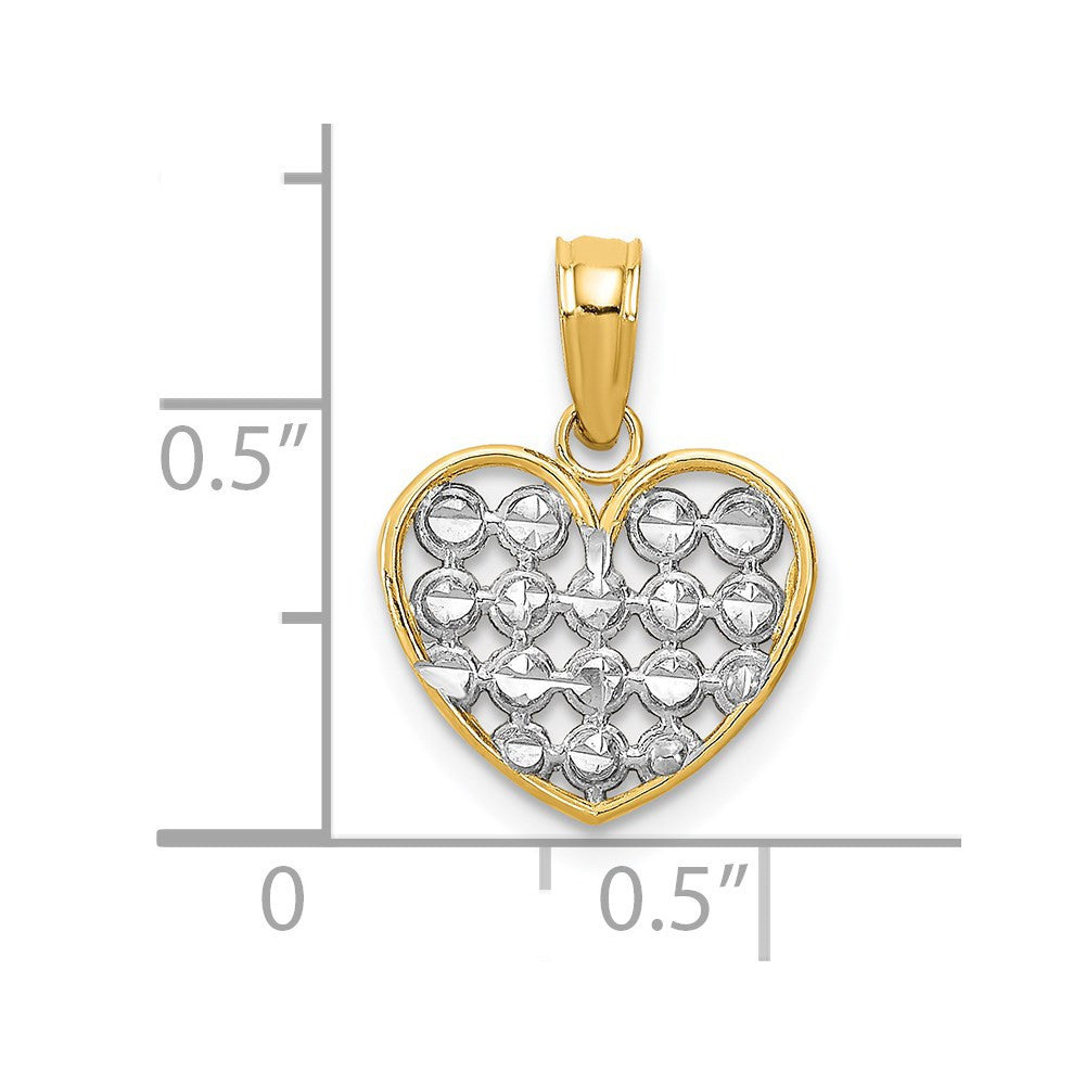 14k Yellow Gold Rhodium Diamond-cut Heart Charm Pendant