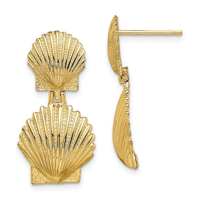 14k Yellow Gold Double Scallop Shell Drop & Dangle Earrings