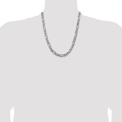 Sterling Silver Antiqued 6.5mm Figaro Chain Necklace 22"