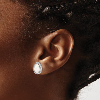 Sterling Silver Rhodium Polished Simulated Opal & CZ Button Stud Earrings