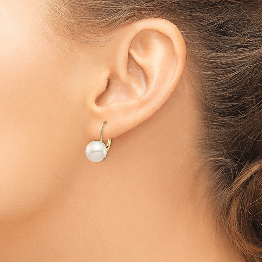 14k Yellow Gold 9-10mm White Freshwater Cultured Pearl Dangle Earrings Leverback
