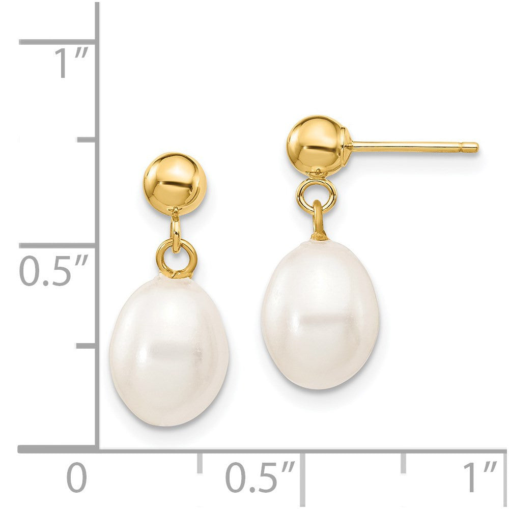 14k Yellow Gold 7-8mm White Rice Freshwater Cultured Pearl Dangle Earrings
