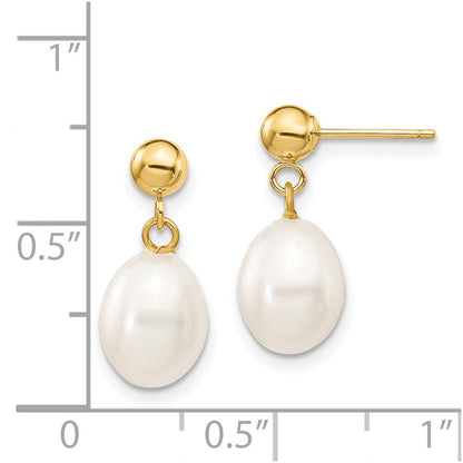 14k Yellow Gold 7-8mm White Rice Freshwater Cultured Pearl Dangle Earrings