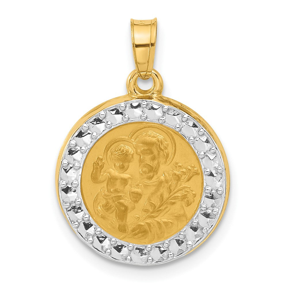14k Yellow Gold with White Rhodium Hollow St. Joseph Medal