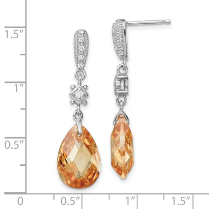 Sterling Silver Polished & Textured Champagne & White CZ Tear Dangle Earrings