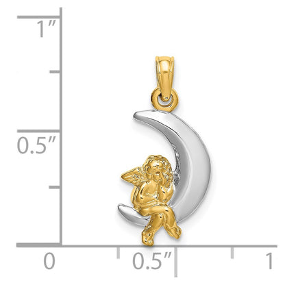 14k Yellow Gold Rhodium 3-D Angel on Moon Charm Pendant