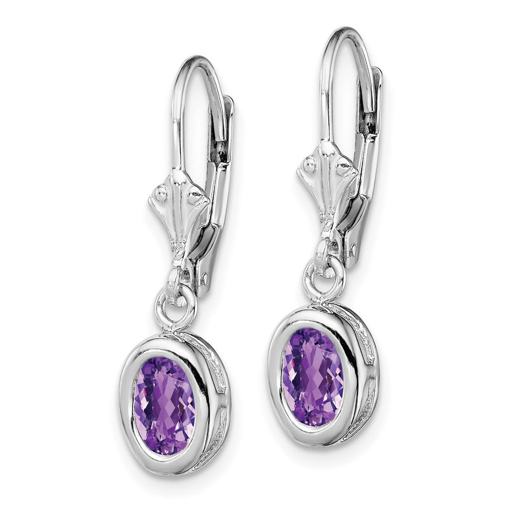 Sterling Silver Rhodium Plated 7x5mm Oval Amethyst Leverback Dangle Earrings