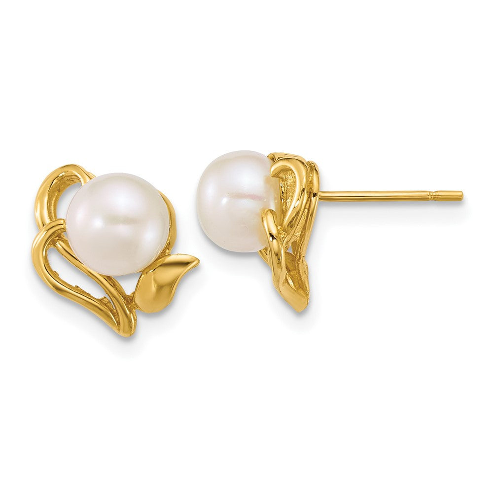 14k Yellow Gold 6-7mm Button Freshwater Cultured Pearl Flower Stud Earrings