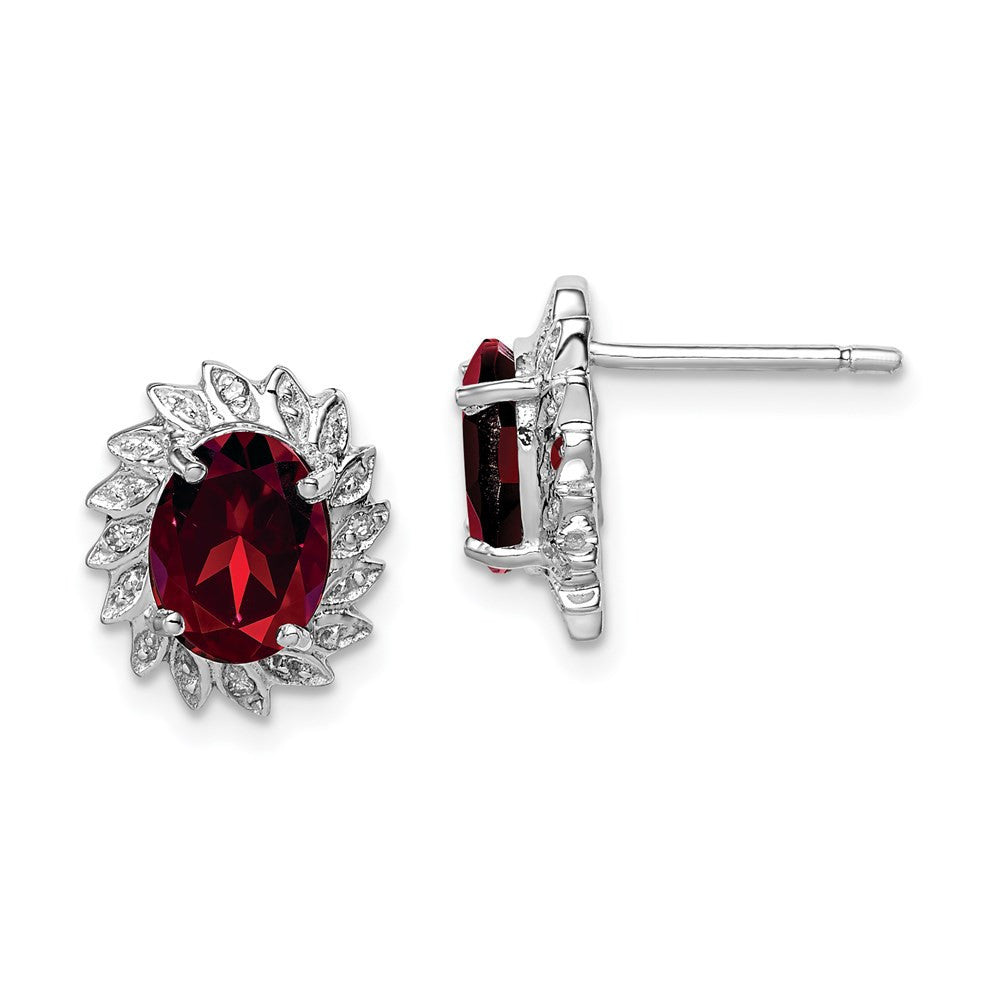 Sterling Silver Rhodium Plated Garnet and Diamond Button Stud Earrings