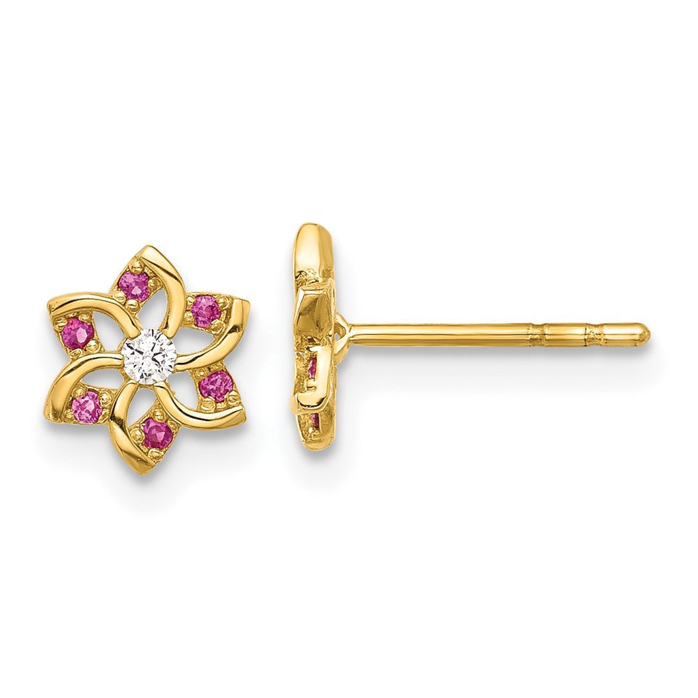 14k Yellow Gold Polished Red and White CZ Flower Button Stud Earrings