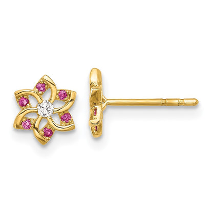 14k Yellow Gold Polished Red and White CZ Flower Button Stud Earrings