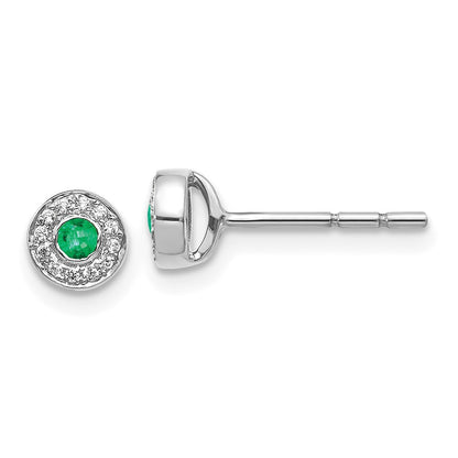 14k White Gold Diamond and Emerald Halo Button Stud Earrings