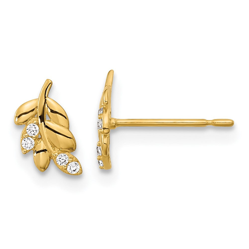 14k Yellow Gold Kids CZ Fern Leaf Button Stud Earrings