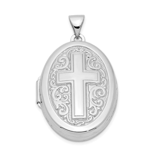 Sterling Silver Rhodium-plated Oval Cross Locket Pendant