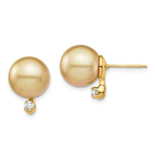 14k Gold Golden South Sea Saltwater Cultured Pearl & Diamond Stud Earrings