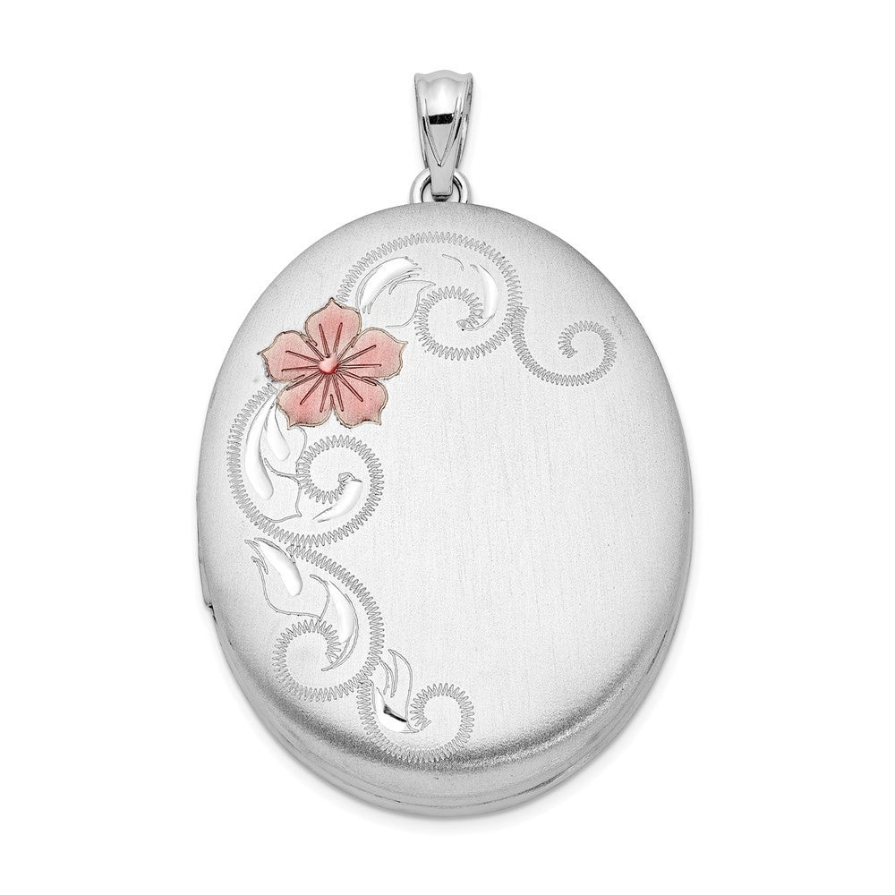 Sterling Silver Rhodium-plated Satin & Enameled Floral 34mm Oval Locket Pendant