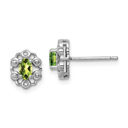 Sterling Silver Rhodium-plated Peridot & Diam. Button Stud Earrings