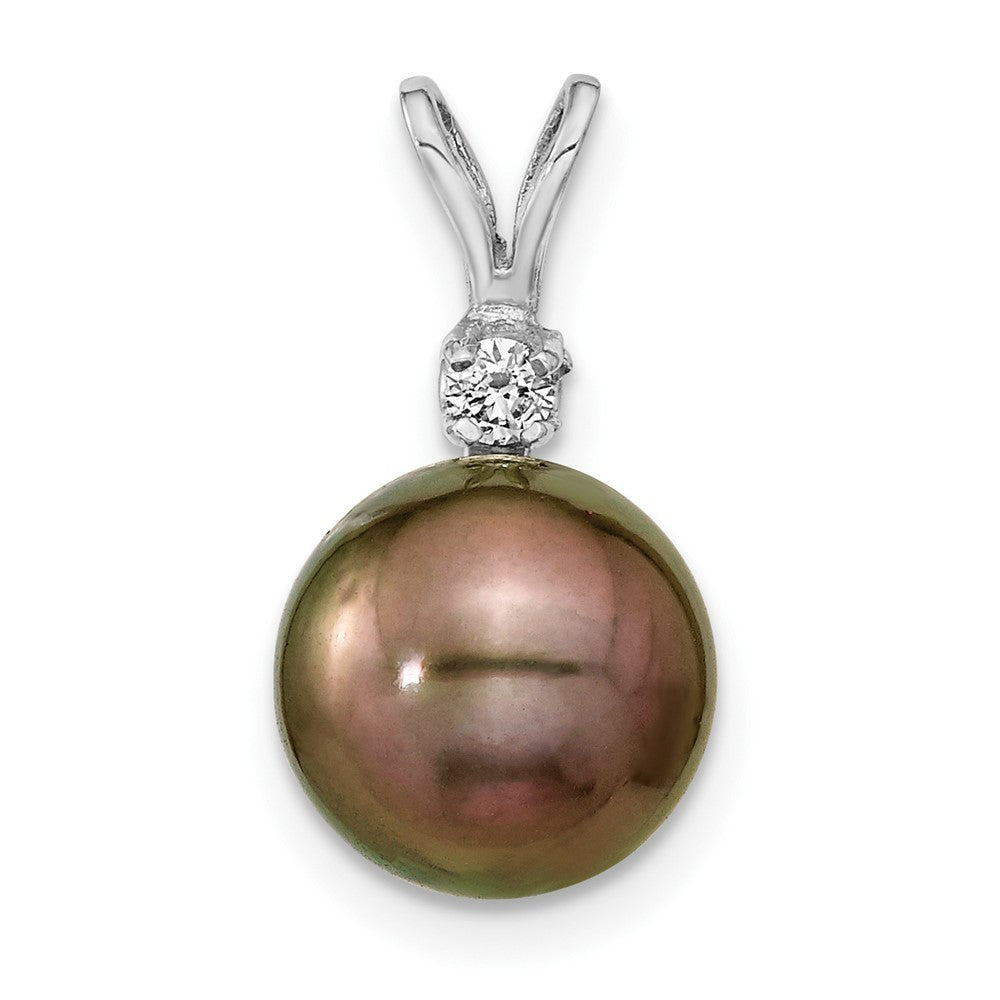 14k White Gold 9-10mm Round Tahitian Saltwater Cultured Pearl & Diamond Pendant
