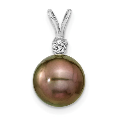 14k White Gold 9-10mm Round Tahitian Saltwater Cultured Pearl & Diamond Pendant