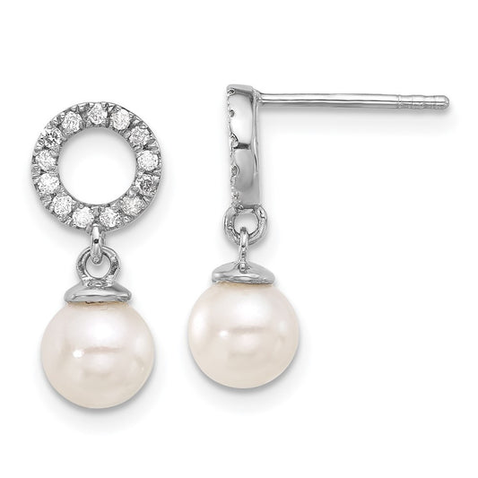 14k Gold 6-7mm Akoya Saltwater Cultured Pearl & Diamond Dangle Earrings