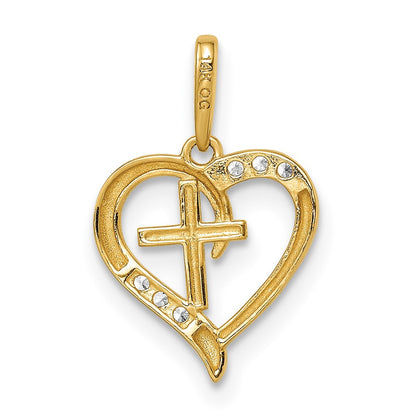 14k Yellow Gold CZ Heart with Cross Pendant