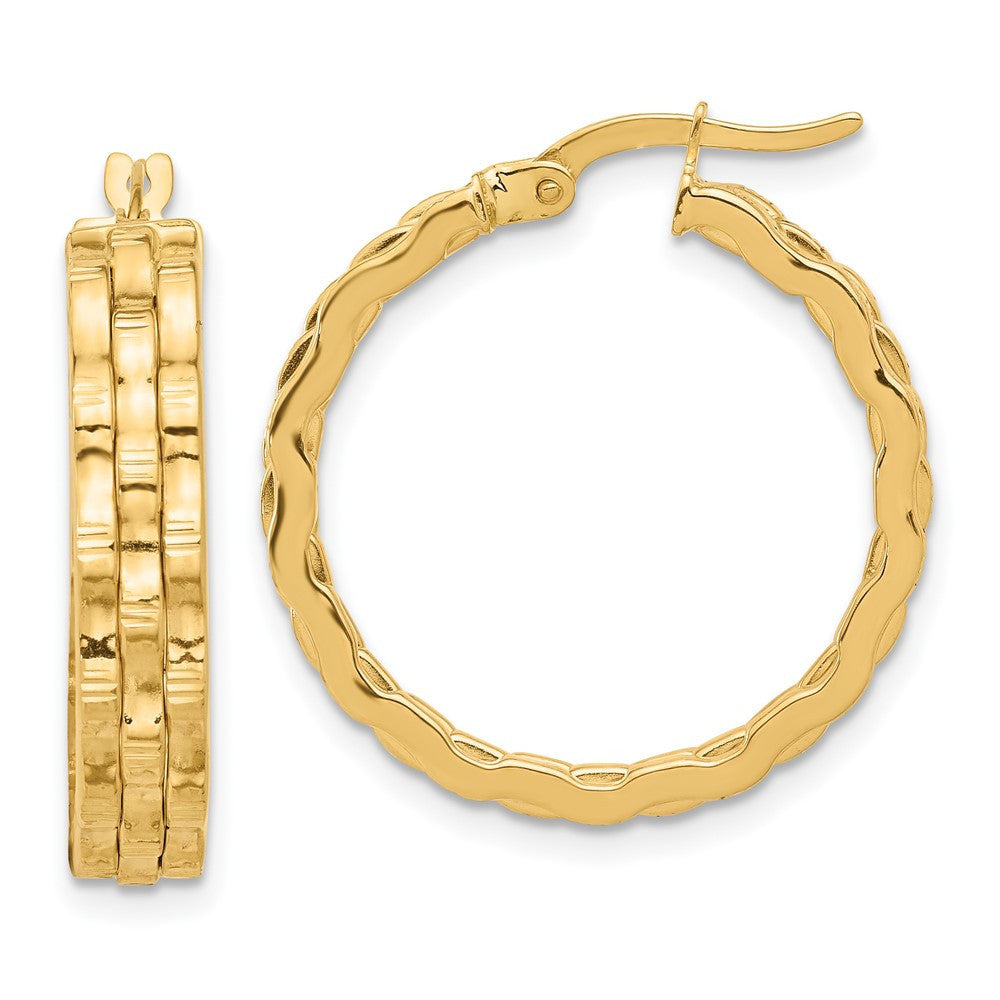 14k Yellow Gold Polished and Textured Hoop Earrings