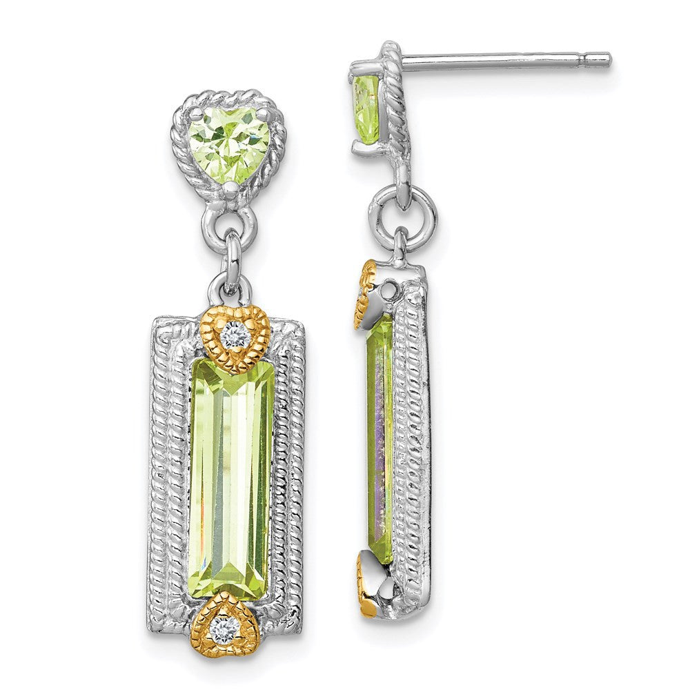 Sterling Silver Gold-tone Polished & Textured Green CZ Heart Dangle Earrings