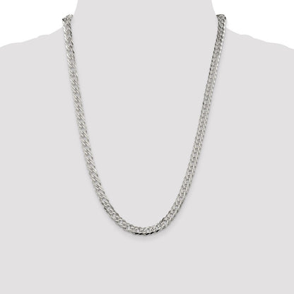 Sterling Silver 6.25mm 6 Side Diamond-Cut Flat Double Curb Chain Necklace 24"