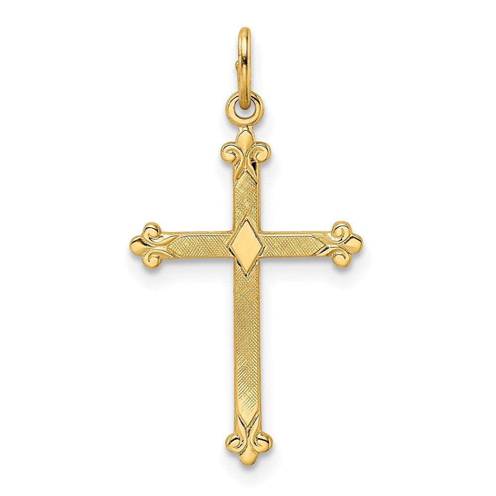 14k Yellow Gold Polished and Textured Solid Diamond Shape Cross Pendant