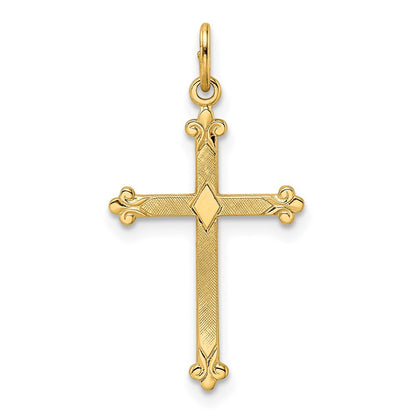 14k Yellow Gold Polished and Textured Solid Diamond Shape Cross Pendant