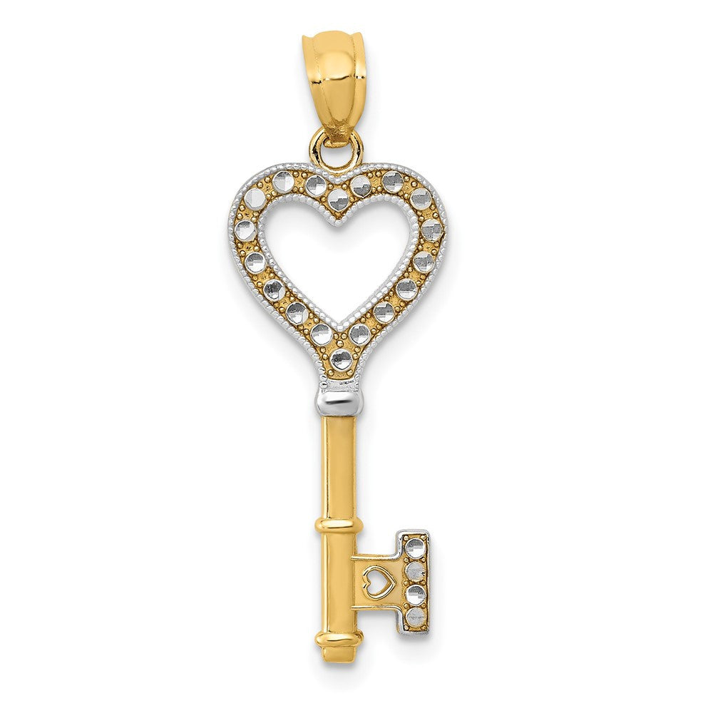 14k Yellow Gold w/White Rhodium Polished Heart Key Charm Pendant