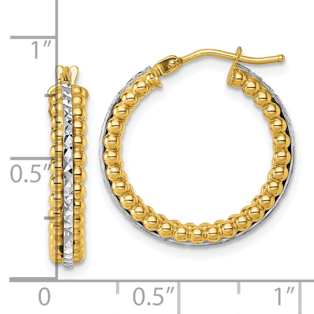 14k Two Tone Polished and Diamond-cut and Beaded Hoop earrings