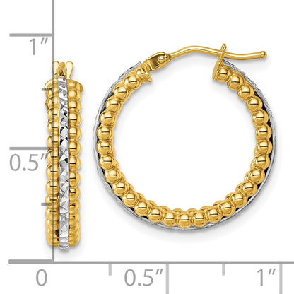 14k Two Tone Polished and Diamond-cut and Beaded Hoop earrings