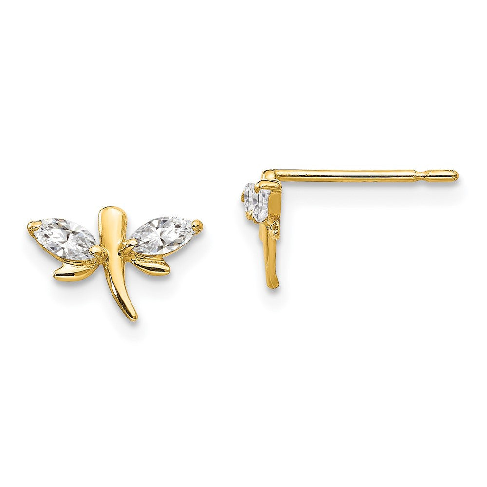 14k Yellow Gold CZ Children's Dragonfly Button Stud Earrings