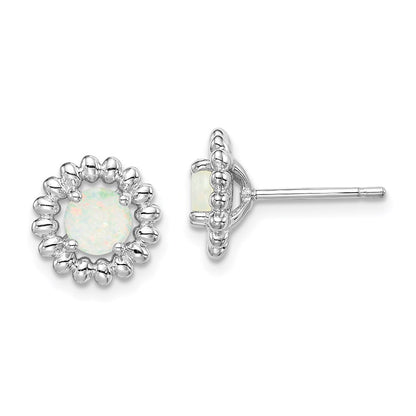 Sterling Silver Rhod-plat Milky Opal Button Stud Earrings