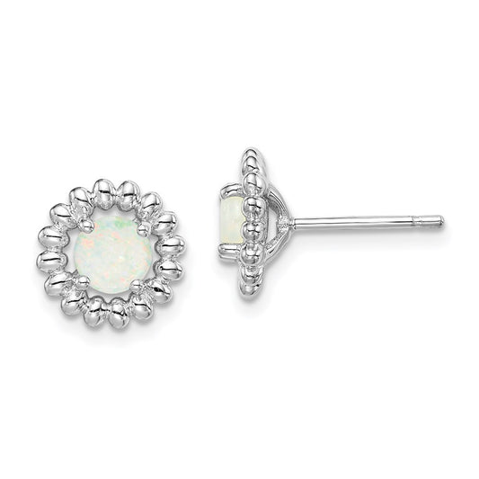 Sterling Silver Rhod-plat Milky Opal Button Stud Earrings
