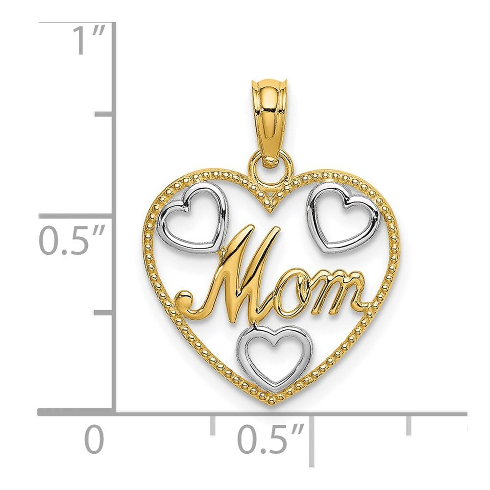 14k Yellow Gold with White Rhodium Textured MOM Heart Charm Pendant