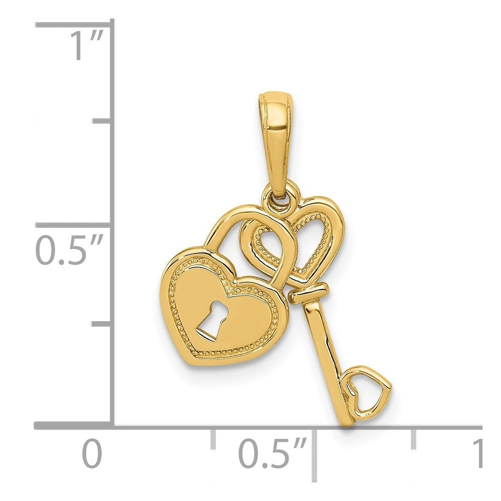 14k Yellow Gold Polished Moveable Heart Key and Heart Lock Charm Pendant