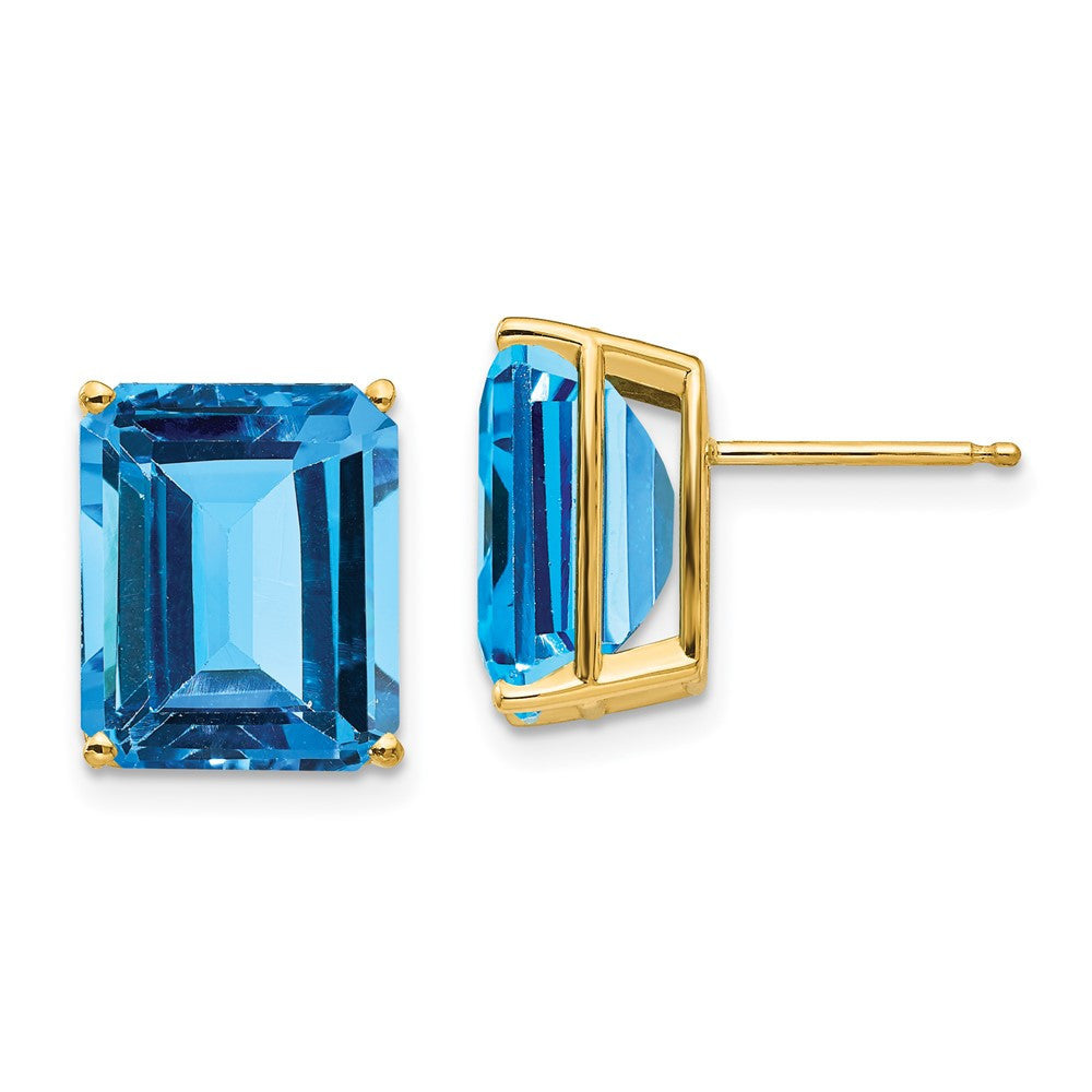 14k Yellow Gold 12x10mm Emerald Cut Blue Topaz Stud Earrings