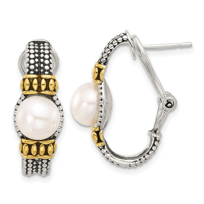 Sterling Silver Gold-tone Antiqued Synthetic Pearl Omega Back Dangle Earrings
