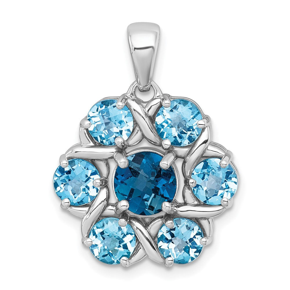Sterling Silver Rhodium Polished Blue Topaz and Swiss Blue Topaz Flower Pendant
