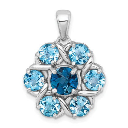 Sterling Silver Rhodium Polished Blue Topaz and Swiss Blue Topaz Flower Pendant