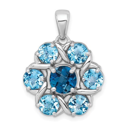 Sterling Silver Rhodium Polished Blue Topaz and Swiss Blue Topaz Flower Pendant