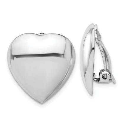 Sterling Silver Rhod-plated Polished Heart Clip Non-Pierced Button Stud Earrings