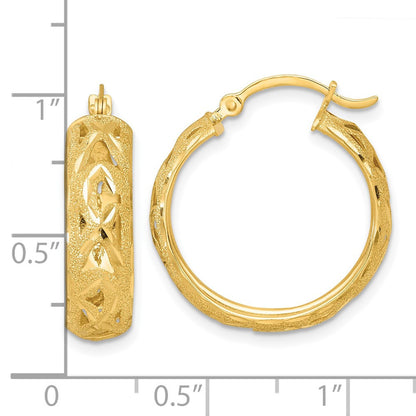 14k Yellow Gold Polished Laser and Diamond-cut Fancy Design Hoop Earrings
