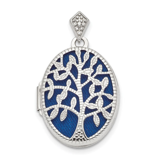 Sterling Silver Rhodium-plate Polished & Textured Diamond Tree Locket Pendant